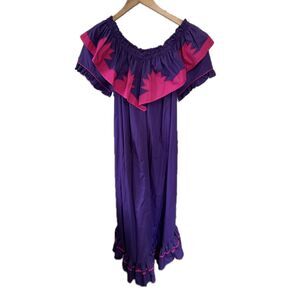 RM Hawaiian Quilt Applique On Off Shoulder Ruffles Muu Muu Midi Dress M